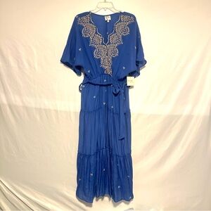 Fig & Flower Blue Rayon Faux Wrap Dress XL Lined Scalloped Neck Below Knee